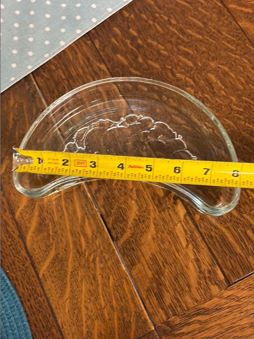 Vintage clear crescent shaped glass side or bone dishe with fruit design